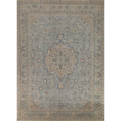 Blue Floral Medallion Tabriz Persian Area Rug Hand-Knotted Wool Carpet - 9'5"x 12'7"