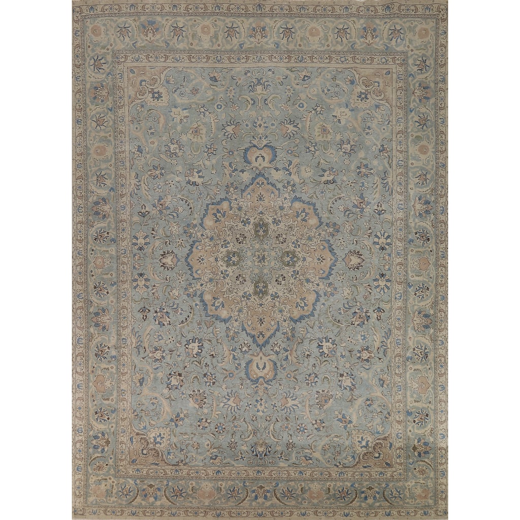 Blue Floral Medallion Tabriz Persian Area Rug Hand-Knotted Wool Carpet - 9'5"x 12'7"