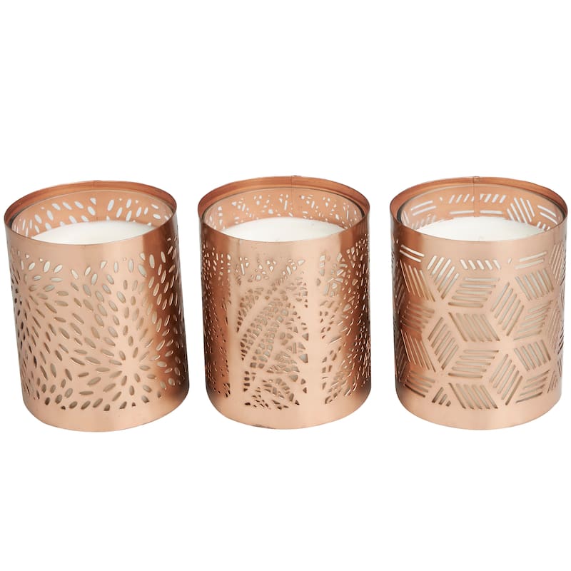 Gold or Copper or Silver Metal Scented 13 oz 1 Wick Geometric Candle with White Wax (Set of 3)