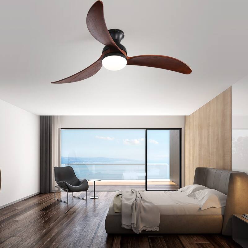52" Low Profile Smart Ceiling Fan with LED Light, Remote or Phone APP Control,Black with Walnut Blades