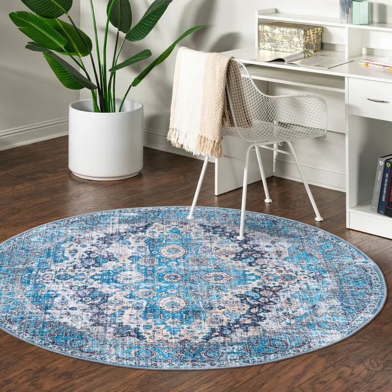 Traditional Shara Collection Area Rug - 3'11" Round - Blue