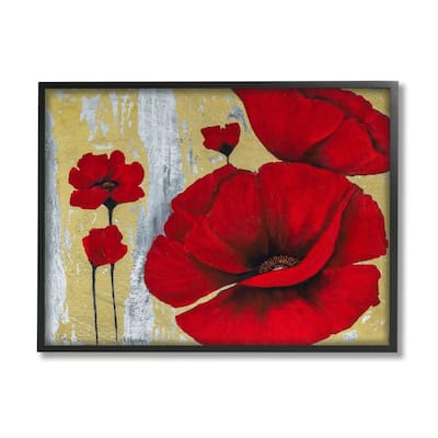 Stupell Rustic Red Poppy Florals Distressed Grey Gold Framed Wall Art