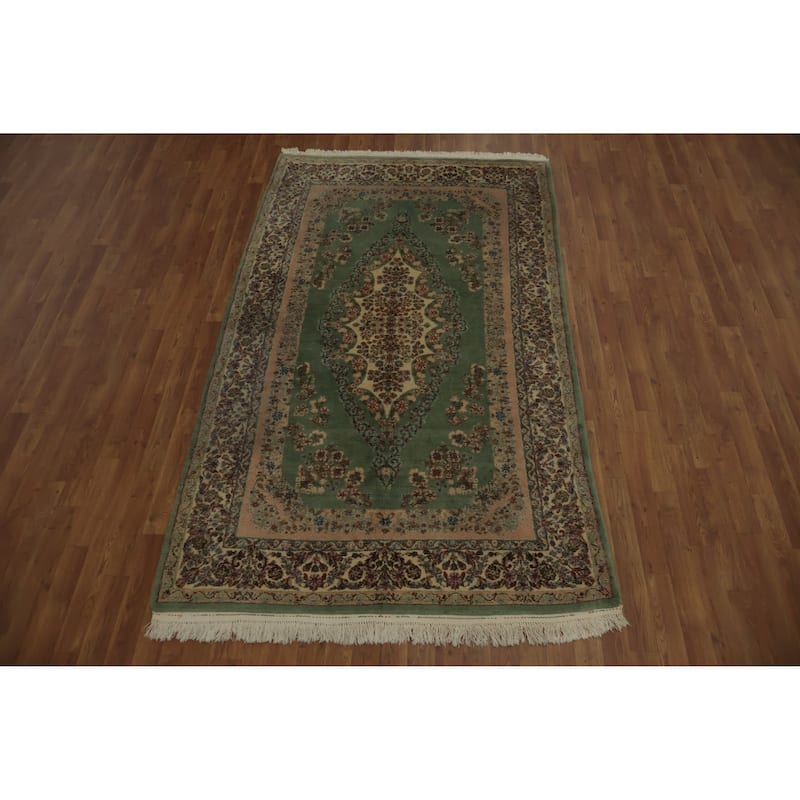 Hand Knotted Oriental 100% Wool Carpet Traditional Floral Green Kerman Area Rug - 8' 3'' X 4' 10''