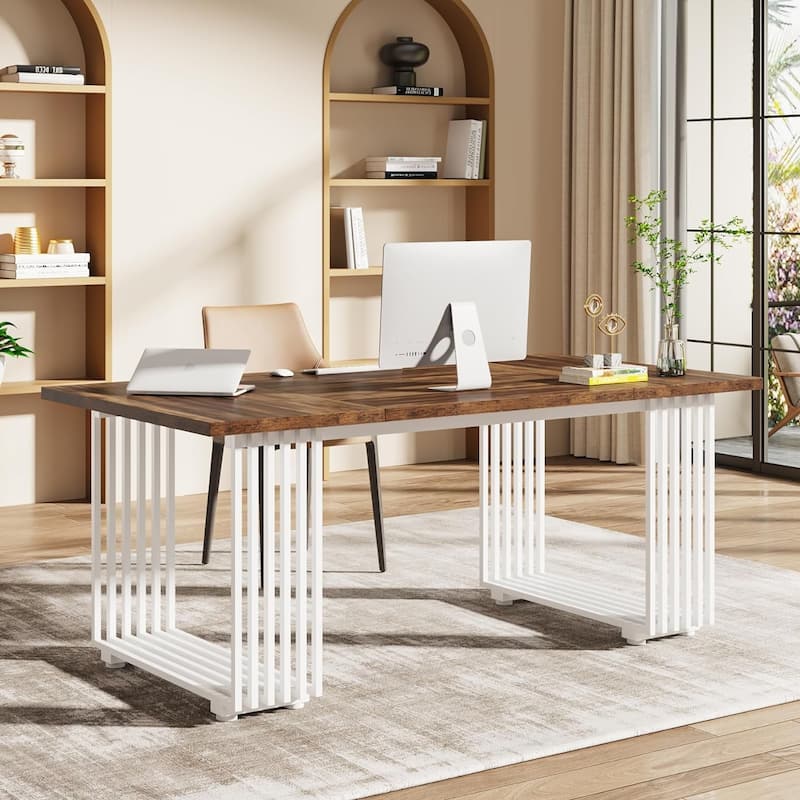 70.9" Modern Office Desk Wood Computer Desk, White Gold Executive Desk
