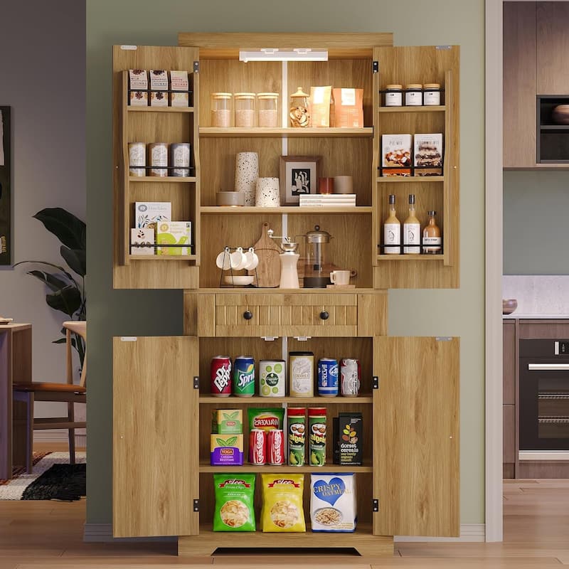 72" Tall Kitchen Pantry Cabinet with Adjustable Shelves, Door Shelves and Drawer,White Large Storage Cabinet with Sensor Light - Natual Oak
