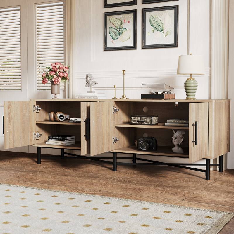 Versatile 4-Door Media Console With Dual Storage Compartments & Customizable Shelving -  Natural
