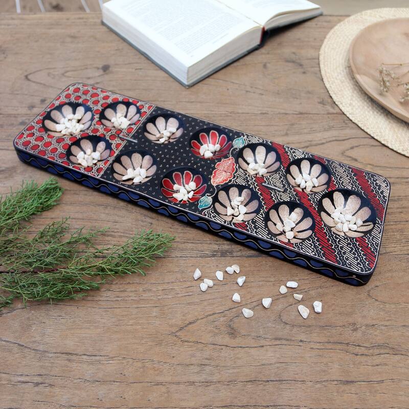 Novica Handmade Fun Parang Blue Wood Batik Mancala Board Game