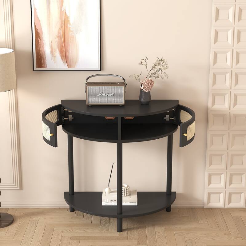 Unique Half Moon Design End Table, Side Table with 2 Rattan Door and Bottom Shelf