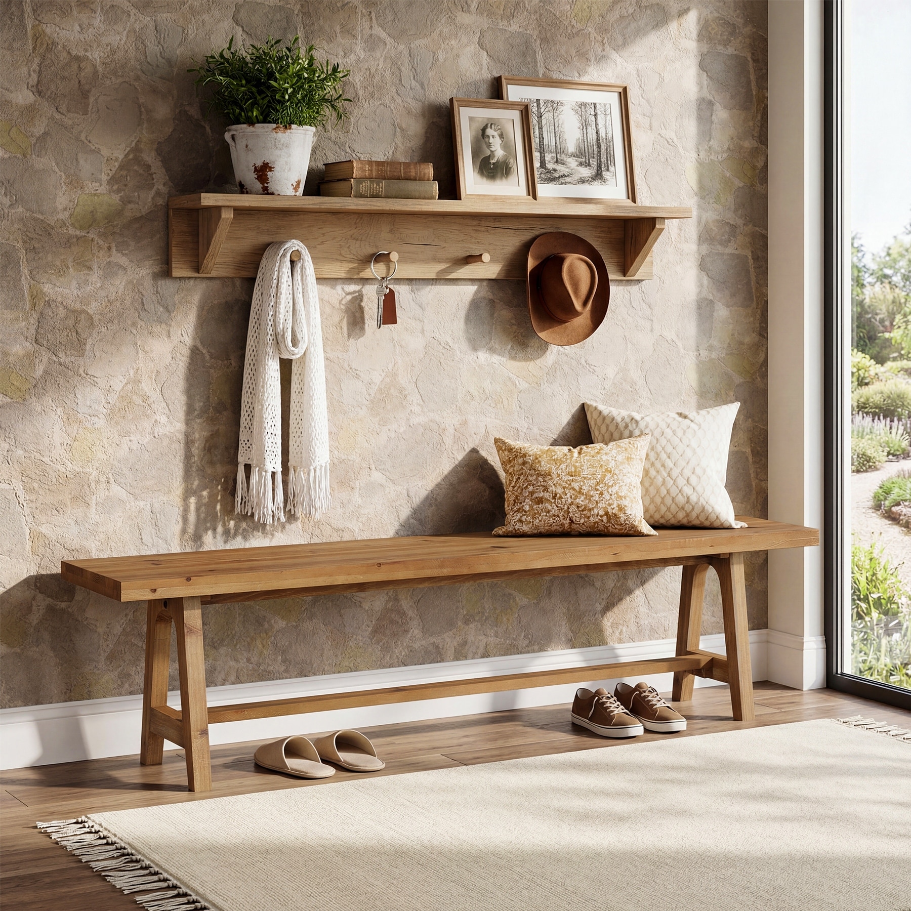 63-inch Solid Wood Bench for Entryway, Dining Room