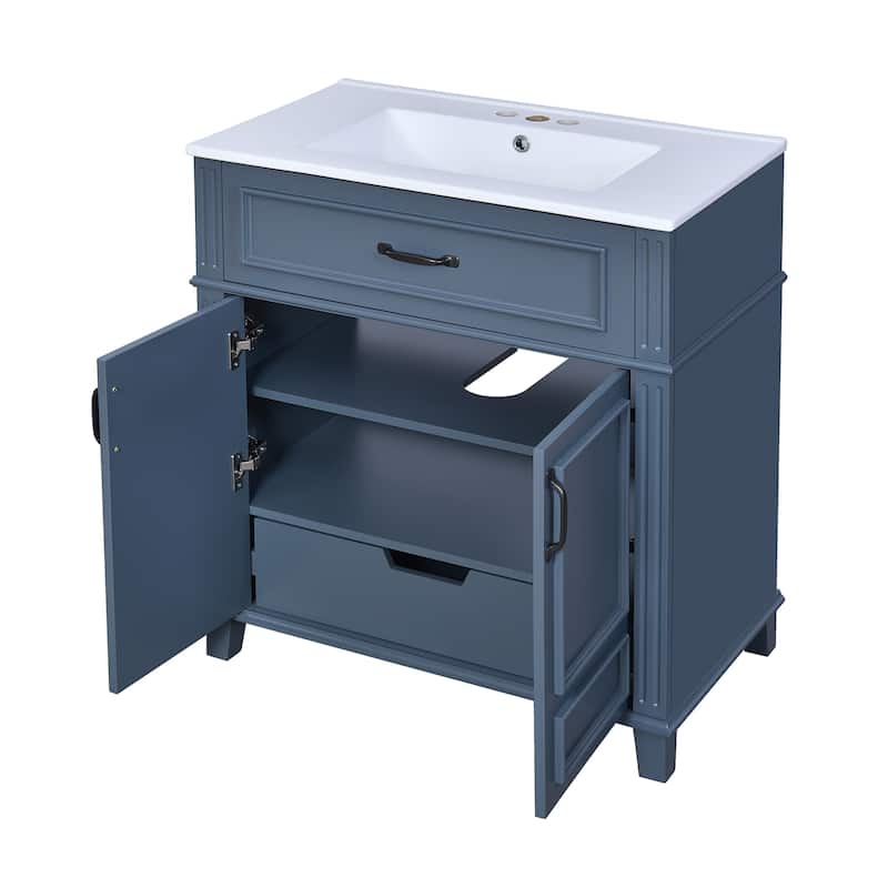 Roomfitters 30" Vanity with Ceramic Sink, Solid Wood Frame Cabinet with Soft Closing Doors, Retro Freestanding Design, Blue