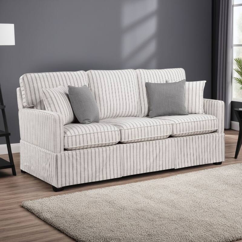 Tory Sofa with 4 Throw Pillows, Gray White Striped Polyester, 79 Inch