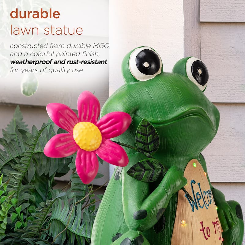 Alpine Corporation 18" Tall Outdoor Frog with Color Changing LED Lights and Welcome Sign Yard Statue