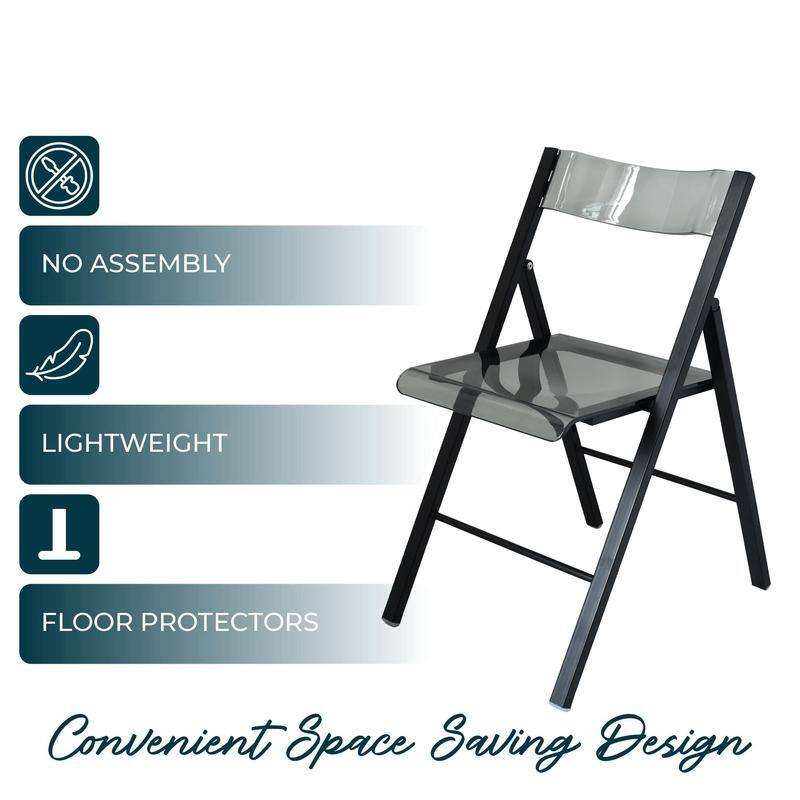 Menno Modern Folding Acrylic Dining Chair in Black Frame Stainless Steel with Rubber Pads, Fade Resistant, Assembled (Set of 2)