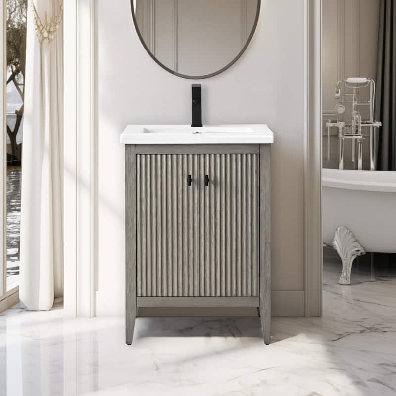 Vanity Art 24" Single Sink Bathroom Vanity Cabinet with Ceramic Top - 24"/Matte Black Handle - Linear Driftwood Gray
