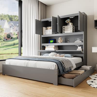 Roomfitters Full Size Wooden Platform Bed with USB Ports, Storage Headboard and Spacious Base