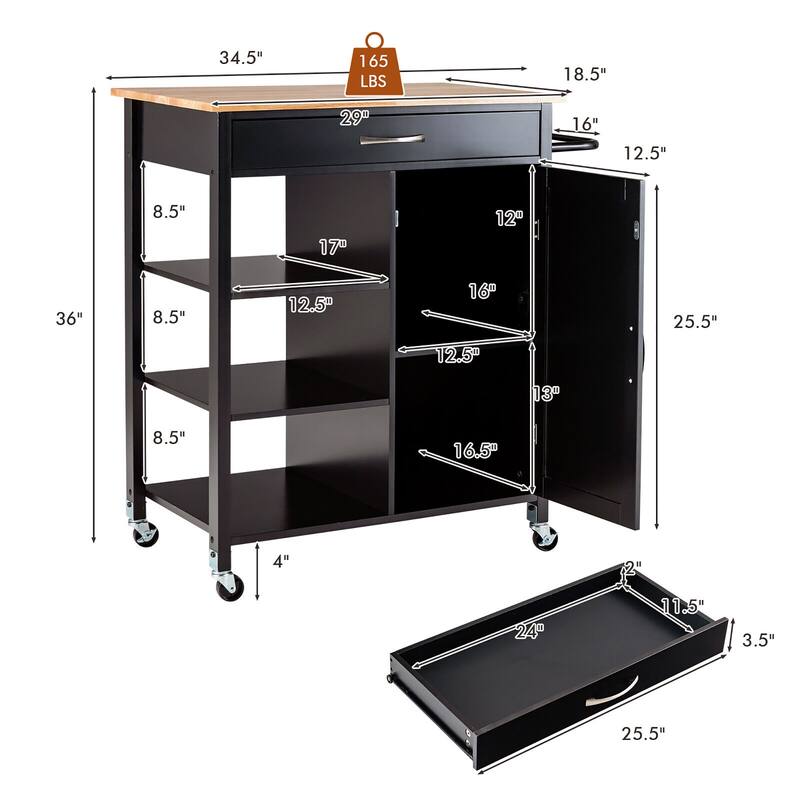 Gymax Mobile Kitchen Island Cart Serving Utility Trolley Drawer Shelf