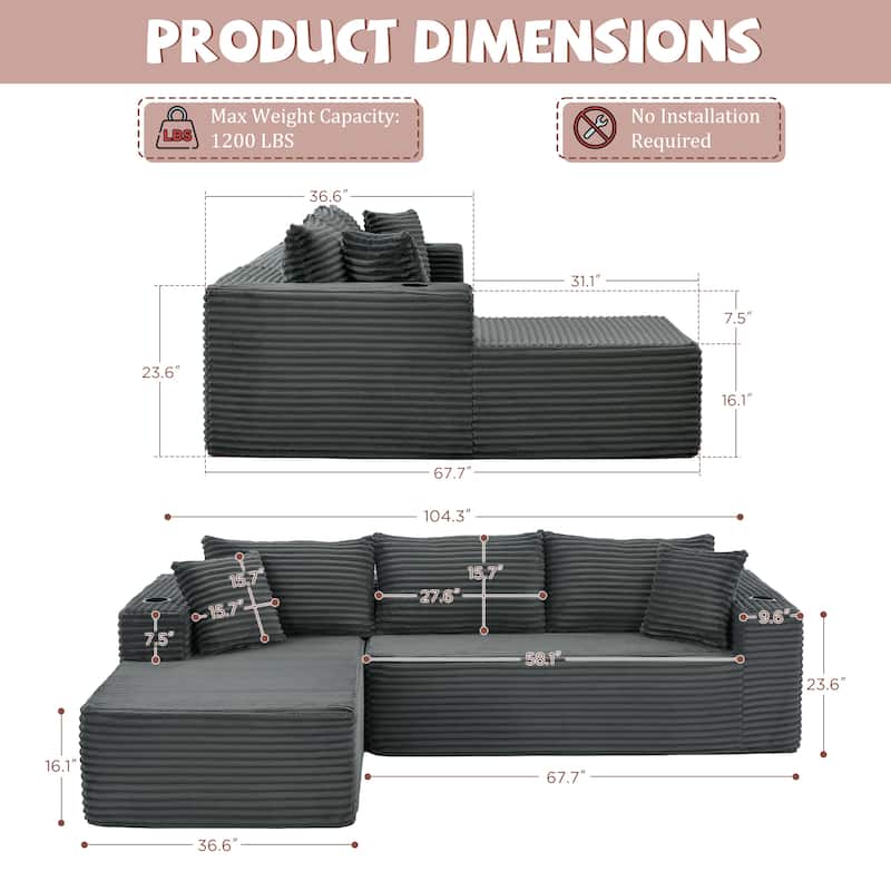 104" Upholstered No-Assembly Modular Sofa Chaise Sofa with Cupholders, Free Combination