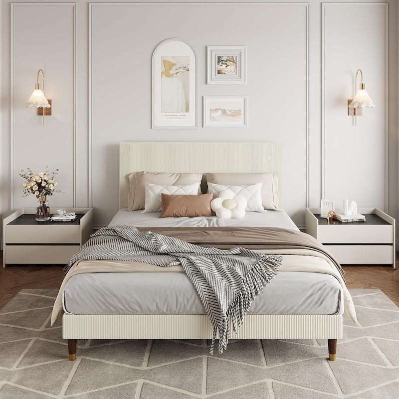 Bed Frame with Headboard, Corduroy Upholstered Platform Bed with Wooden Slats Suppor