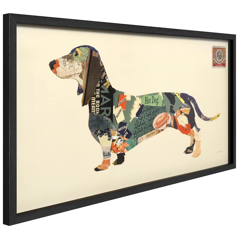 "Dachshund" Alex Zeng's dimensional collage, under glass & a black shadow box frame