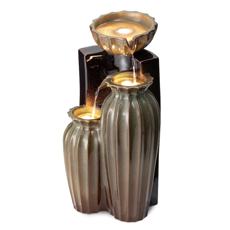 Glitzhome 27"H/35"H 3-Tier or 4-Tier Embossed Pattern LED Ceramic Pots Fountain