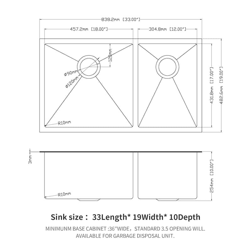 33 inch Gunmetal Black Double Bowl(60/40) Undermount Sink - 33x19x10 inch