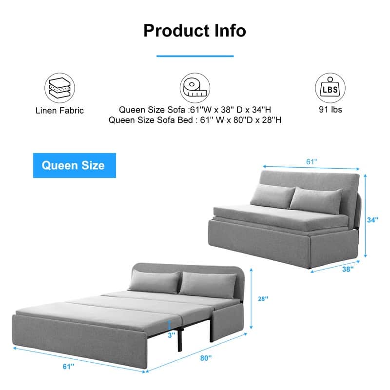 Mixoy Linen 2-in-1 Convertible Sofa Bed,Twin/Queen Pull Out Sleeper Sofa with Mattress,Cushions