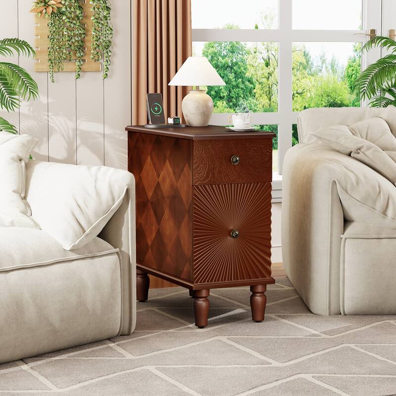 Slim 2-Drawer Walnut Side Table with USB Ports, Narrow Modern Nightstand for Living Room or Bedroom, MDF & Solid Wood