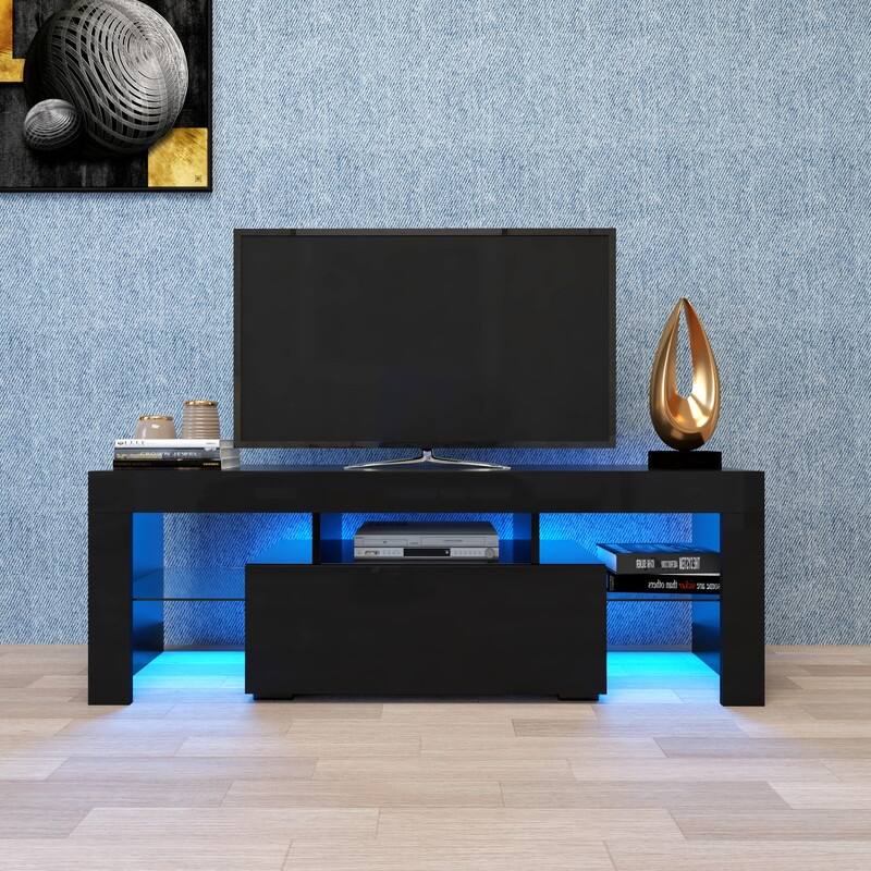 Entertainment TV Stand, Large TV Stand TV Base Stand with LED Light TV Cabinet - Black