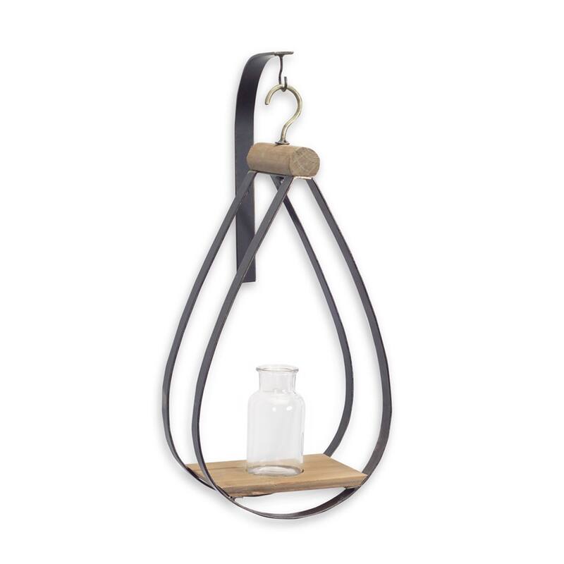 Black-Brown-Clear Glass Metal Wood Wall Vase Set of 2 with Rustic Finish - Black-Brown-Clear