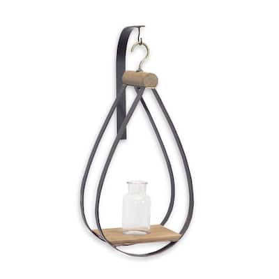 Black-Brown-Clear Glass Metal Wood Wall Vase Set of 2 with Rustic Finish