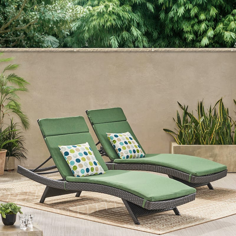 Salem Outdoor Wicker Lounge with Water Resistant Cushion (Set of 2) by Christopher Knight Home - Grey + Jungle Green