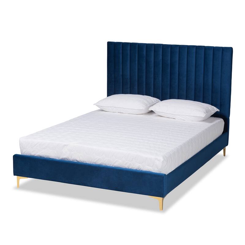 Serrano Contemporary Glam and Luxe Velvet Fabric Upholstered and Gold Metal Platform Bed - Navy Blue, Gold - Full