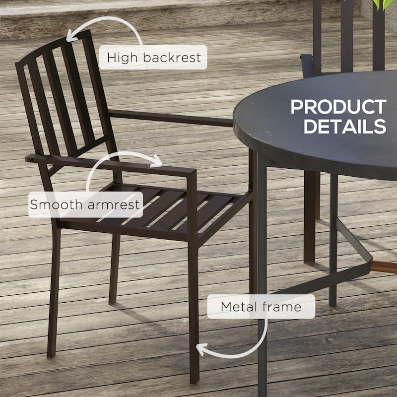 Outsunny Set of 2 Patio Dining Chairs, Stackable Outdoor Garden Bistro Chairs with Metal Slatted Seat & Backrest for Yard - Set of 2 - Brown