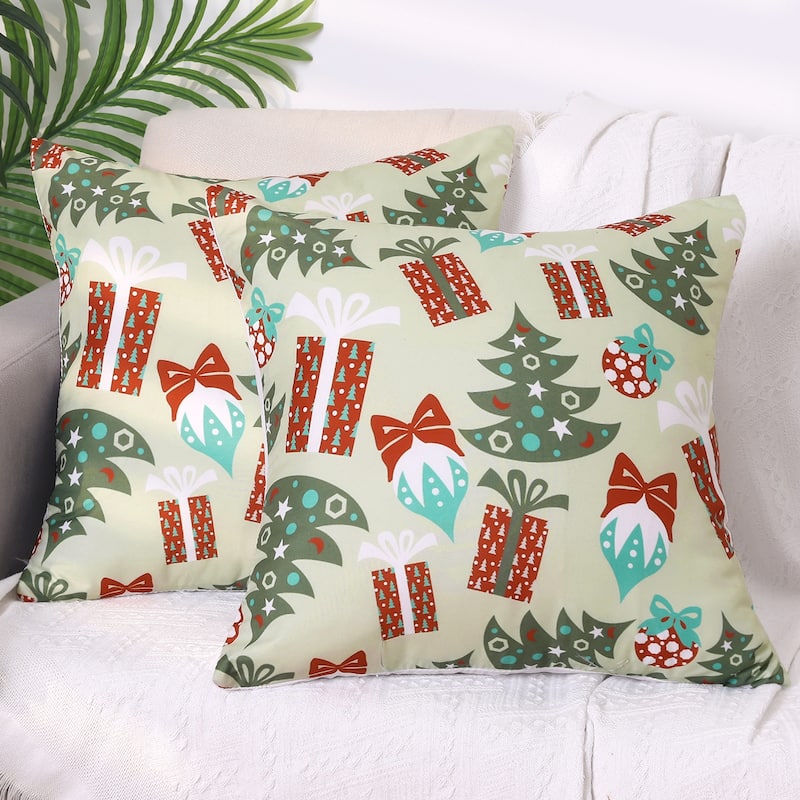 Set of 2 Christmas Printed Throw Pillow Covers Velvet Cushion Covers - Beige Green