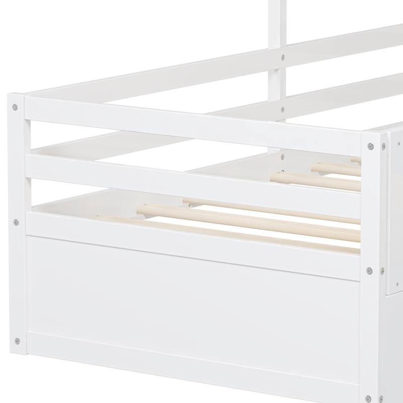 Twin Size House Bed Wood Kids Bed Frame with 2 Storage Drawers, Window and Guardrails for Bedroom, Easy Assembly