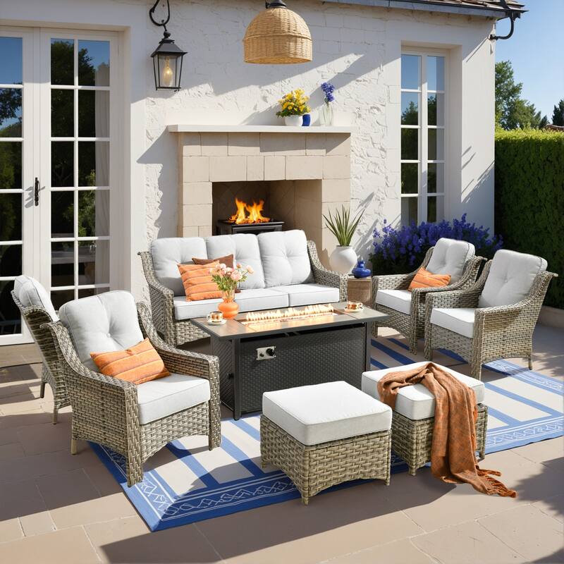 HOOOWOOO 8-piece Wicker Patio Ergonomic Conversation Set with 54" Fire Pit - Grey