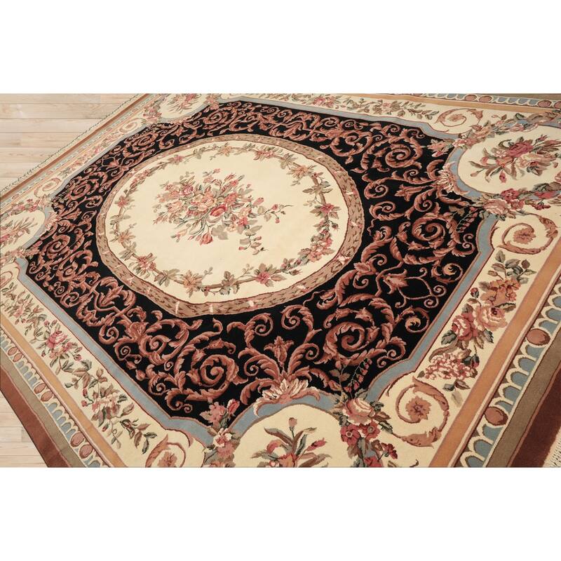 8'11''x11'11'' Hand Knotted Wool Ivory Aubusson Savonnerrie Floral Botanical Rug - 8' 11'' x 11' 11''
