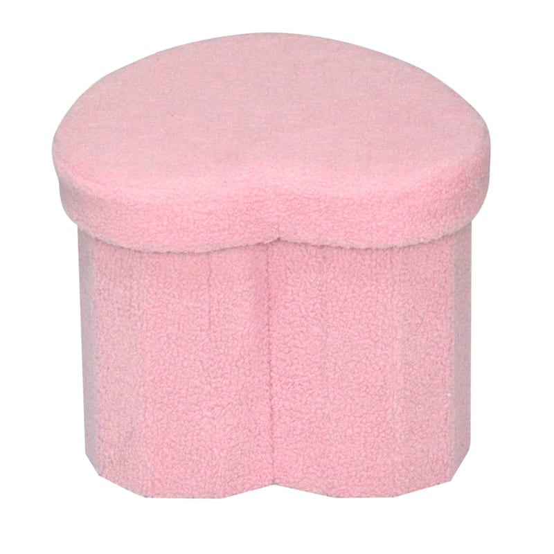 Pink Heart Shap Upholstered Teddy Storage Ottoman Seat for Kids Room