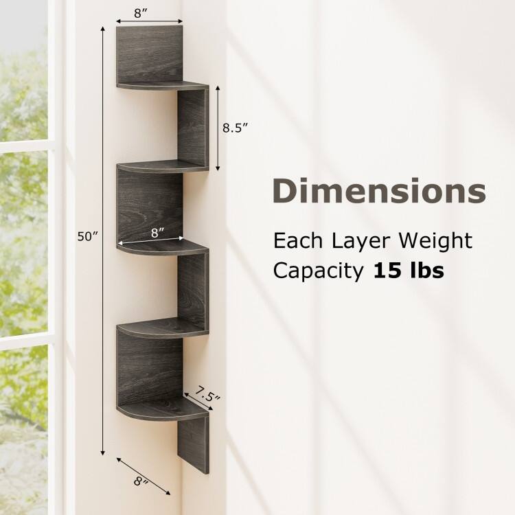 5-Tier Wall Mounted Floating Corner Shelf Engineered Wood Storage Organizer
