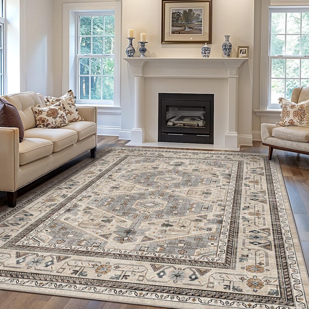 Mcow Vintage Floral Low-Pile Machine Washable Non-Slip Area Rug - 8'X10'