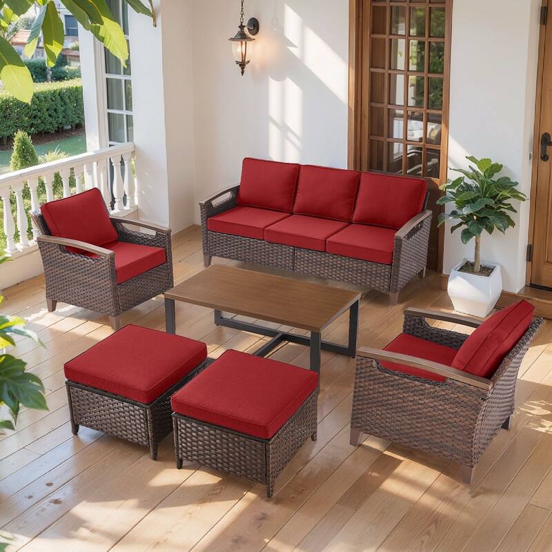 Pocassy Outdoor Brown Wicker Funitre with Cushion Set - Red Cushion - Sofa with Club Chair Table Ottoman Set