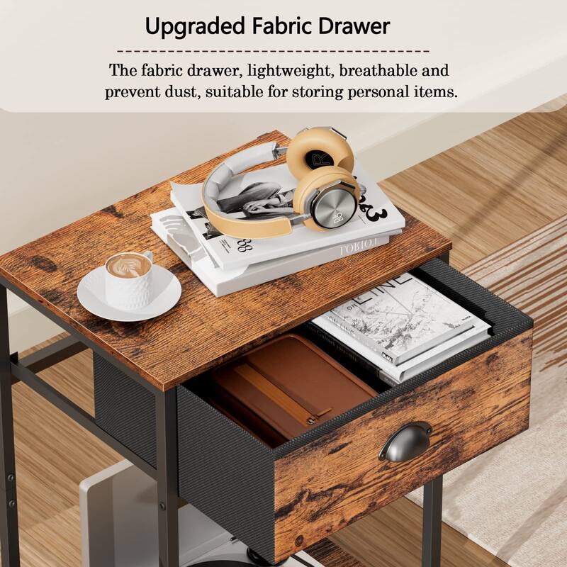 Nightstands Set of 2, Industrial End Table with Fabric Drawer&Storage Shelf, Small Bedside Table Organizer for Small Space