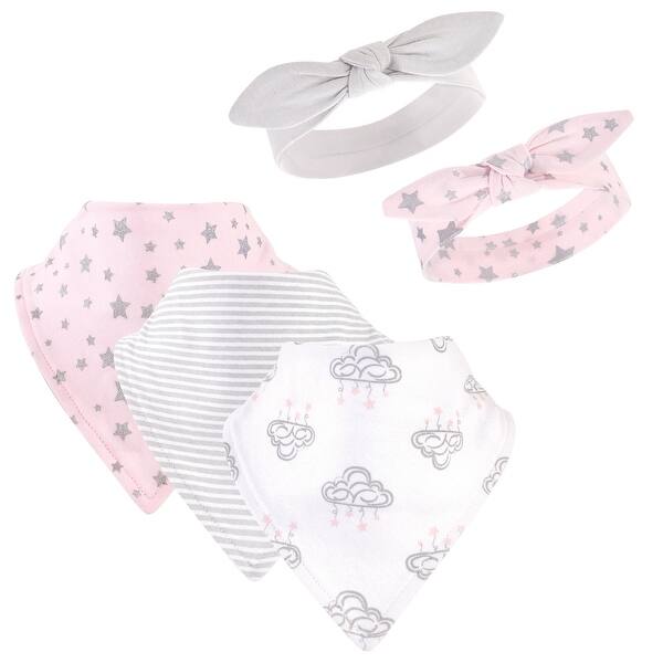 slide 1 of 1, Hudson Baby Infant Girl Cotton Bib and Headband Set 5pk, Cloud Mobile Pink, One Size - Cloud Mobile Pink - One Size One Size - Cloud Mobile Pink