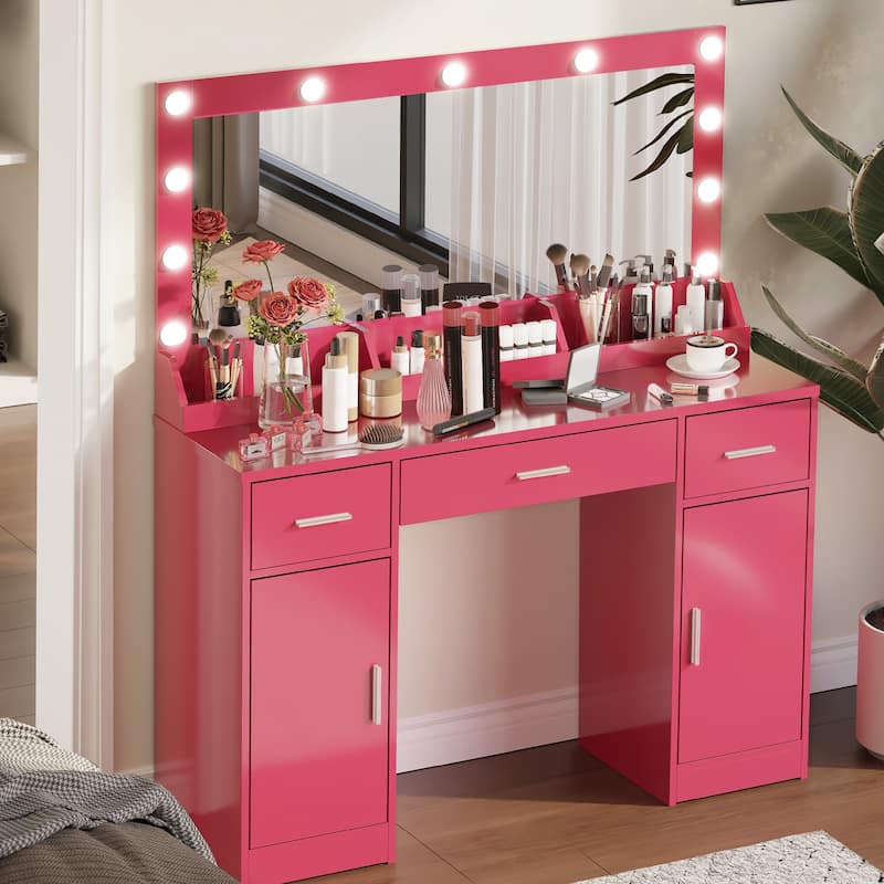 Modern Makeup Vanity with Mirror,3 Drawers & 2 Vertical Cabinets