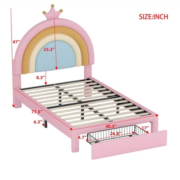 dimension image slide 1 of 2, Twin/Full Size Upholstered Kids Platform Bed Frame with Rainbow Design Headboard, Velvet Princess Bed with Storage Drawer