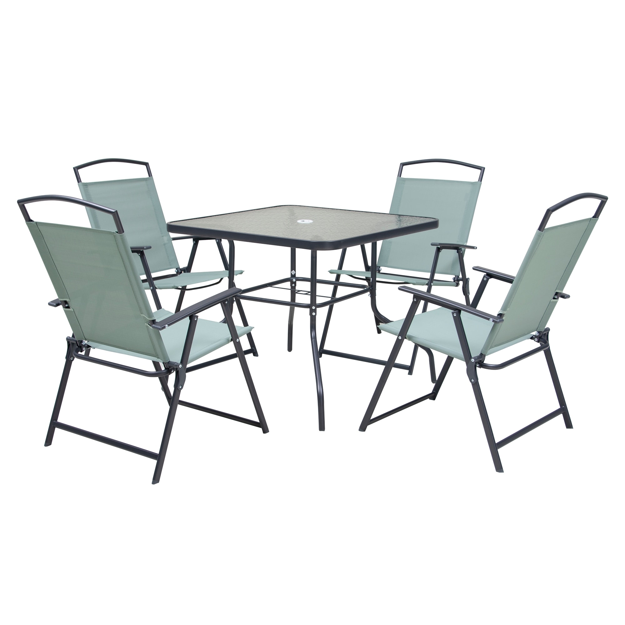 Outdoor 5-piece Patio Dining Set Folding Chairs and Glass Table with Umbrella Hole - See the specifications