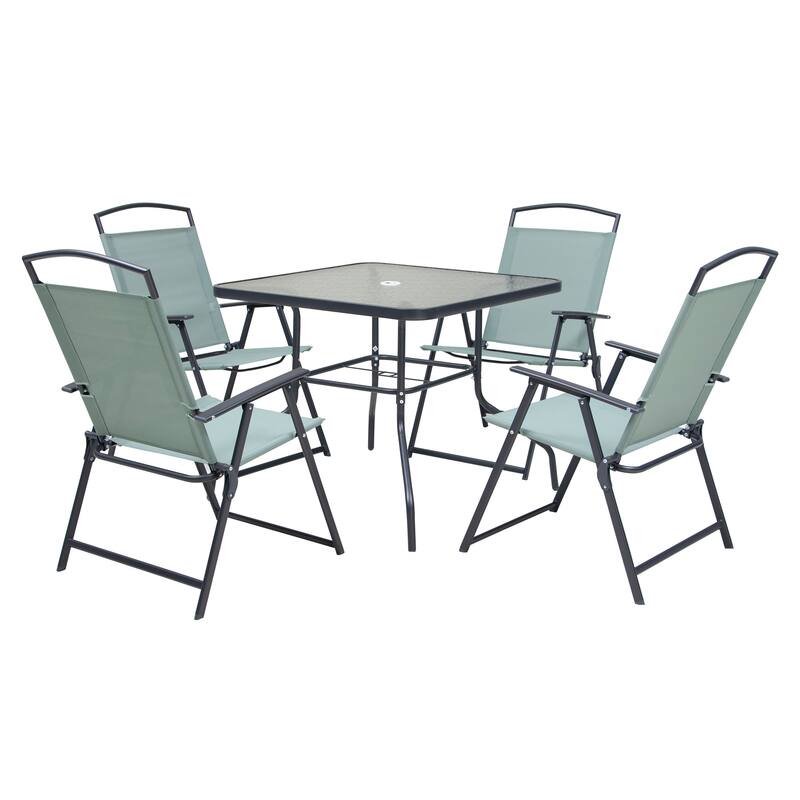 Outdoor 5-piece Patio Dining Set Folding Chairs and Glass Table with Umbrella Hole - See the specifications