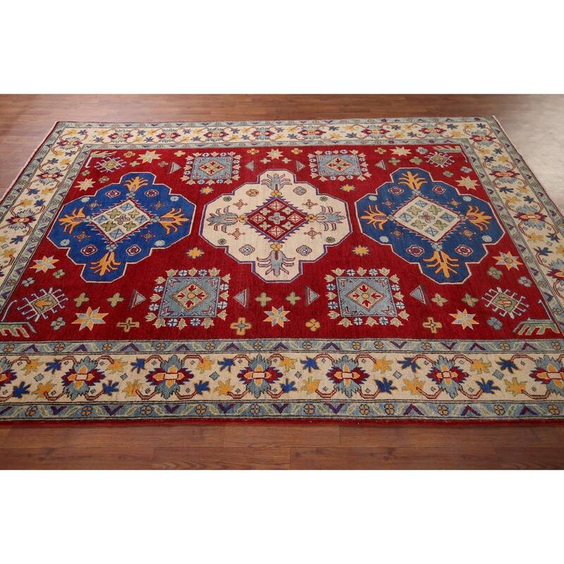 Hand Knotted Oriental 100% Wool Carpet Traditional Geometric Red Kazak Area Rug - 8' 7'' X 6' 2''