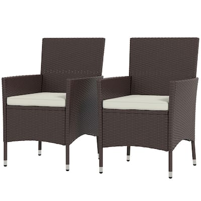 Dark Coffee Wicker Rattan Chairs with Cream Cushions, Set of 2 - 24.5" W x 24.75" D x 34.75" H