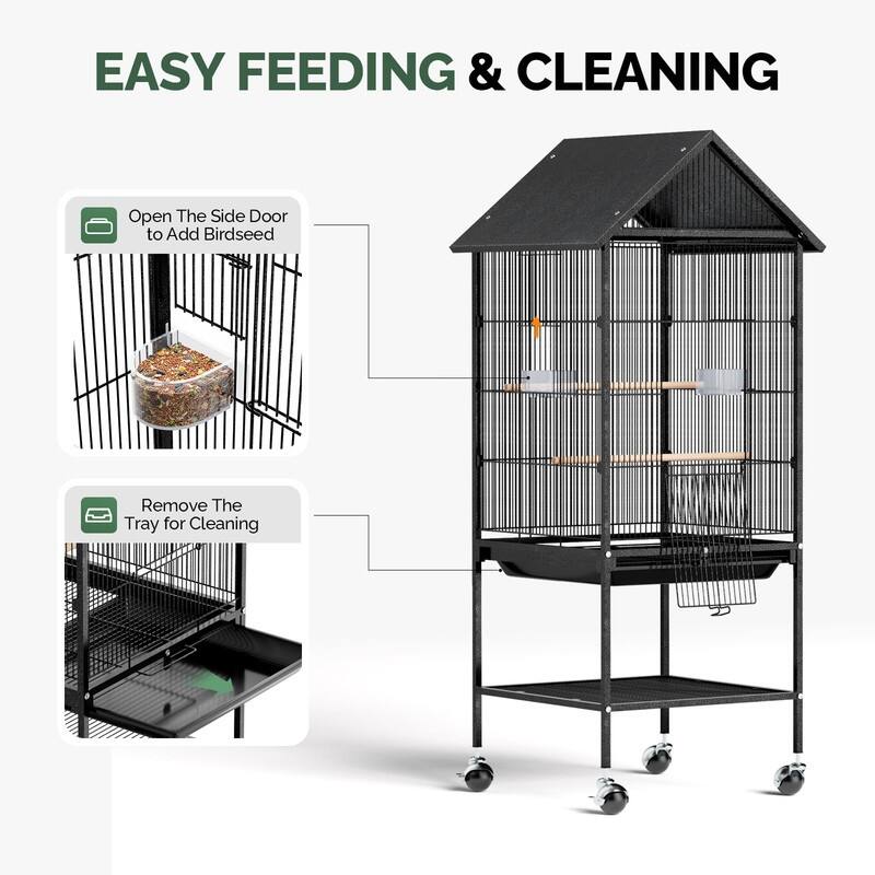 51in Wrought Iron Rolling Bird Cage, Large Flight Cage with Roof-top & Bottom Shelf, for Parrots Cockatiels Small/Medium Birds